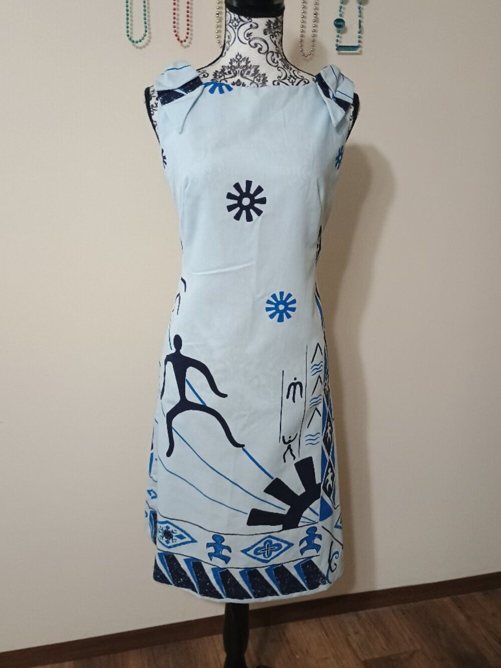 Vintage Lauhala Hawaiian Blue Tribal Glyph Mini Dress Sz. 10/12
